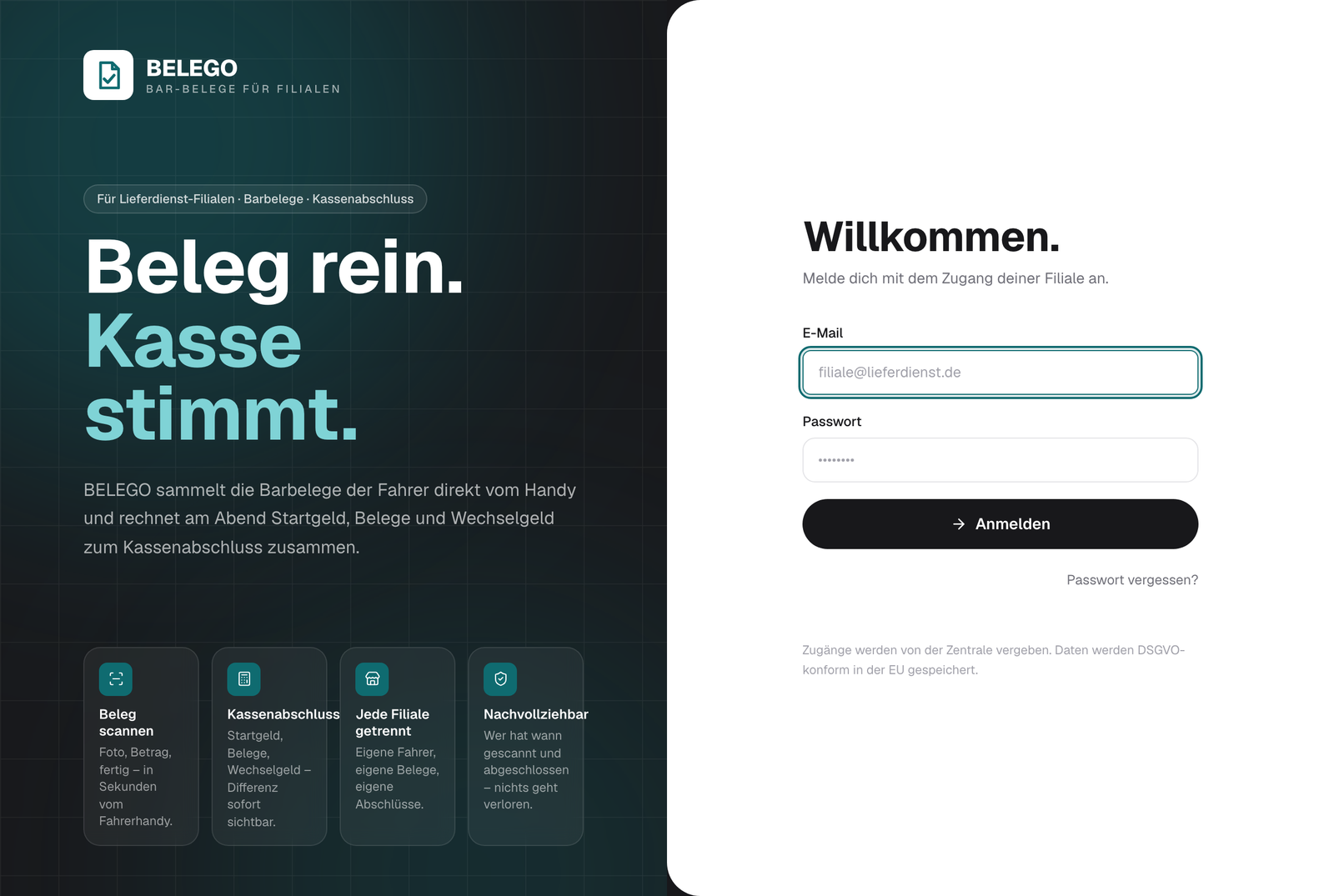 Startbildschirm von BELEGO mit dem Anmeldebereich für Filialen und den Funktionen Beleg scannen, Kassenabschluss, getrennte Filialen und Nachvollziehbarkeit.